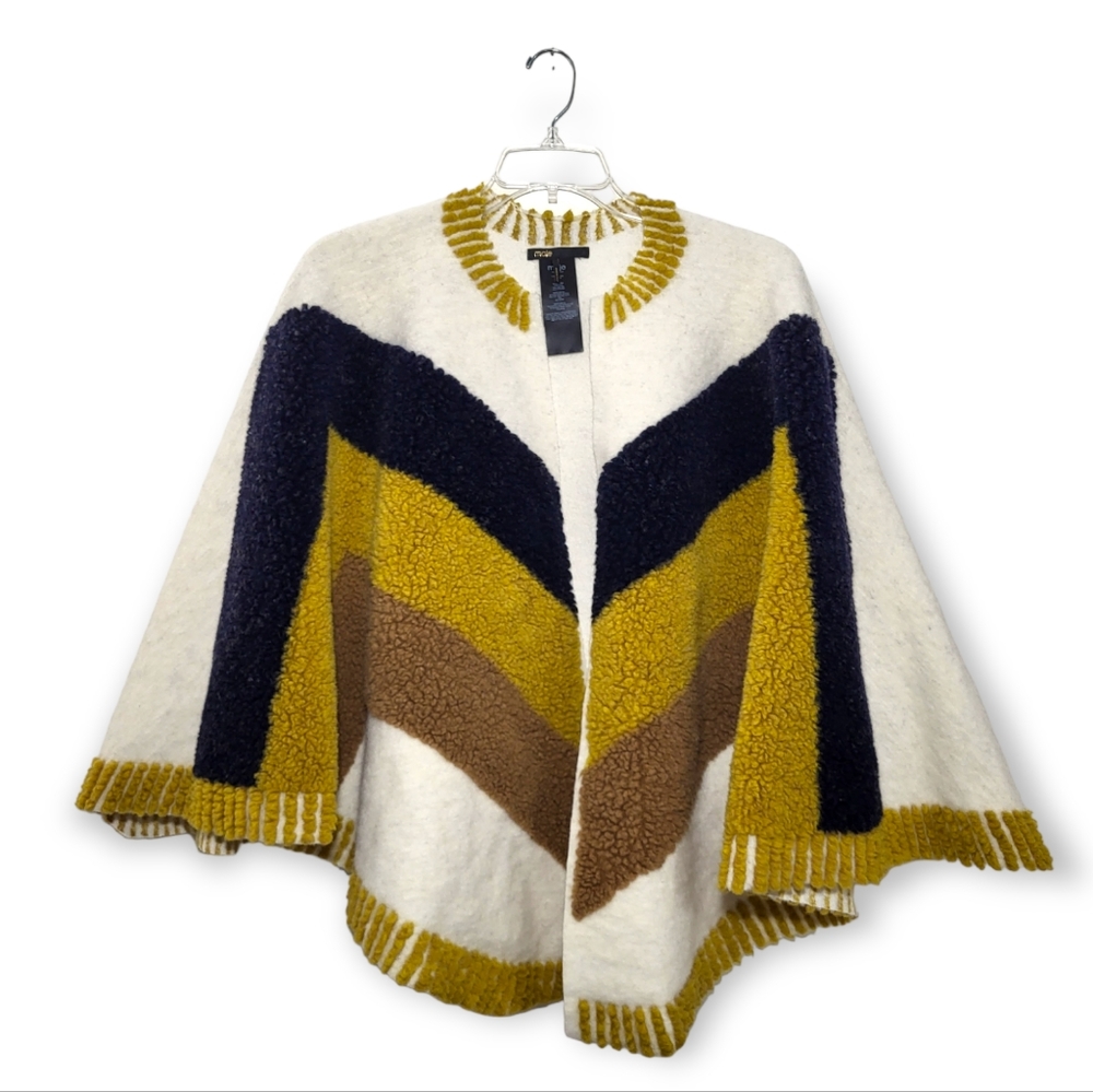 MAJE Elby Patterned Wool-blend Poncho Cape Black Gold OS - Picture 3 of 7